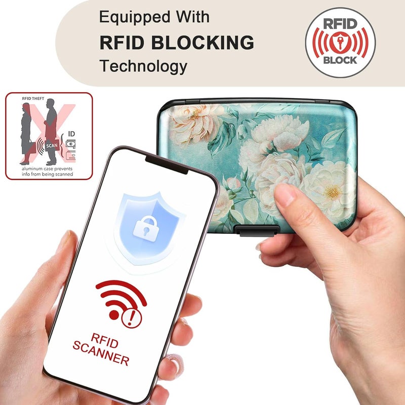 ELFISH Mini RFID Aluminum Wallet Credit Cards Holder Business Card Case Metal ID Case for Men Women(White peony) - Image 2